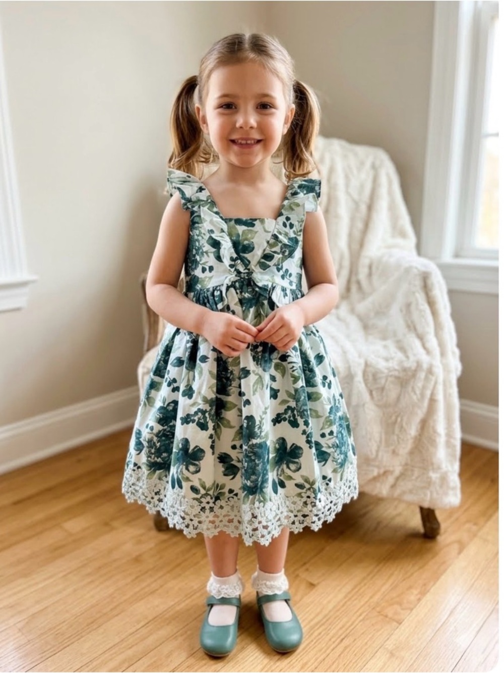 Little Girls Green Floral Lace-Hem Sundress
